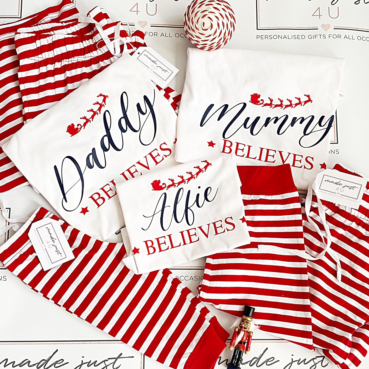 Family LONG SLEEVE Christmas Believes  pjs Personalised Family Pyjamas