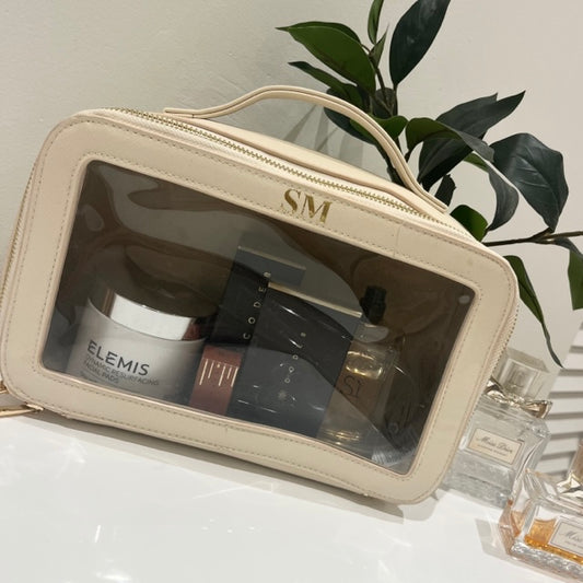 Personalised Travel Vanity Case, Clear cosmetic bag with small monogram, custom makeup bag, clear wash travel bag, gift for bridesmaid