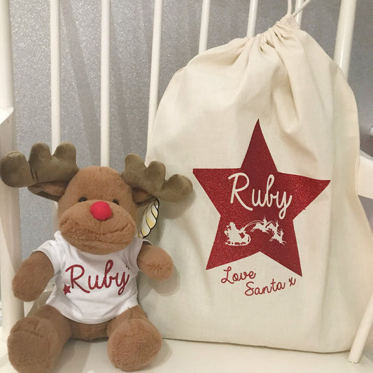 Personalised Christmas Reindeer Plush Teddy with gift set options