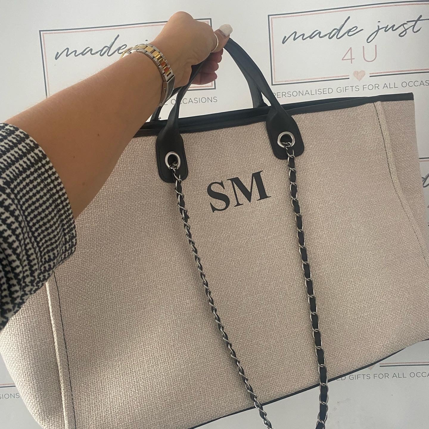 MEDIUM Personalised Chain Monogram Canvas Tote Bag