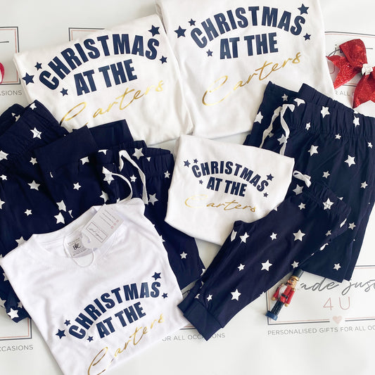 Family Christmas pjs Personalised with Christmas at the ... Family Pyjamas