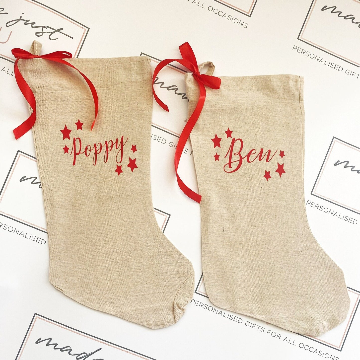 Personalised Christmas stockings with Bow Finish