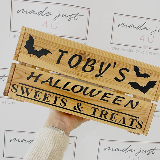 Personalised Bats and Witches Halloween Trick or Treat Hamper Gift Crate, Halloween gift crate Wooden Crate / Box, Trick or Treat Box