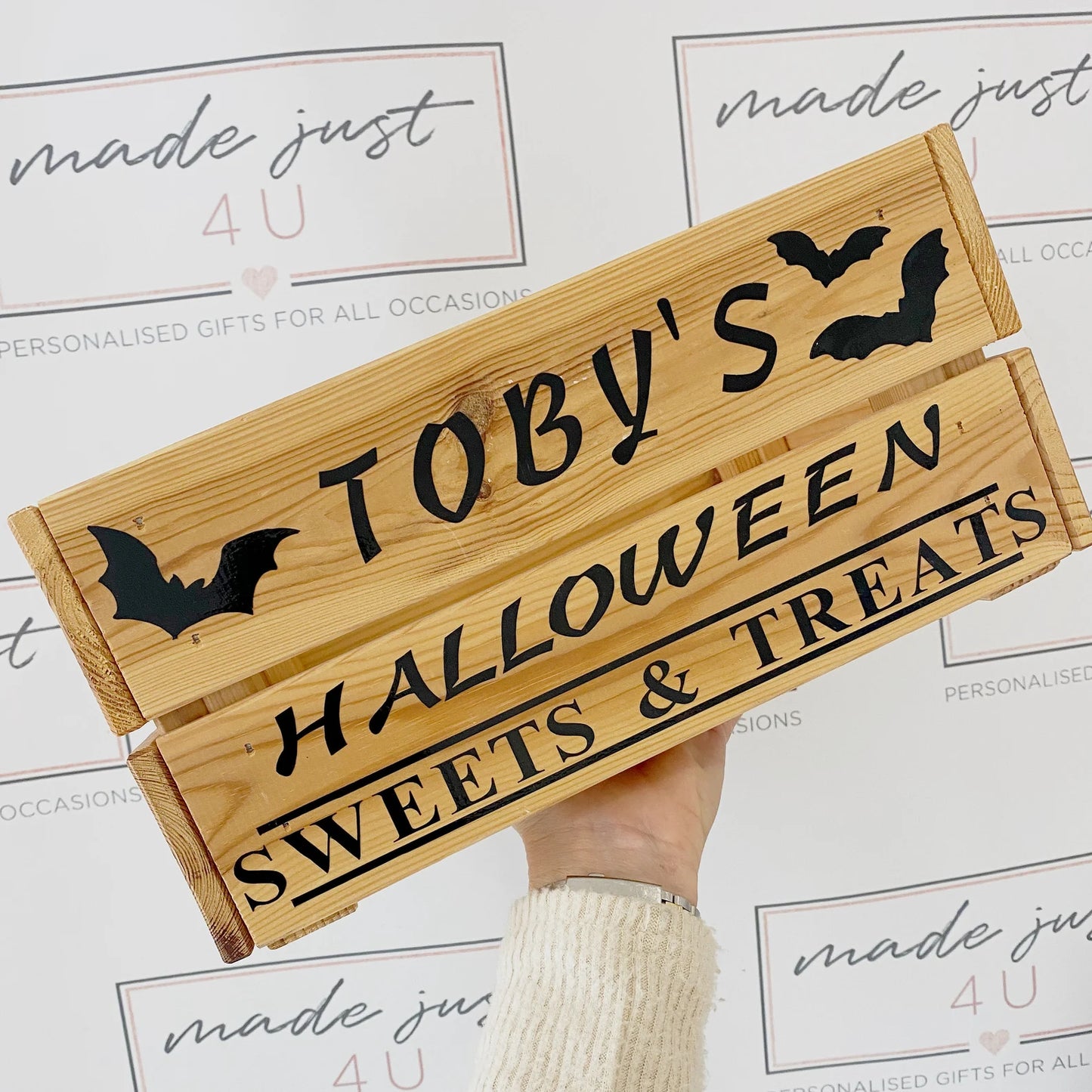 Personalised Bats and Witches Halloween Trick or Treat Hamper Gift Crate, Halloween gift crate Wooden Crate / Box, Trick or Treat Box