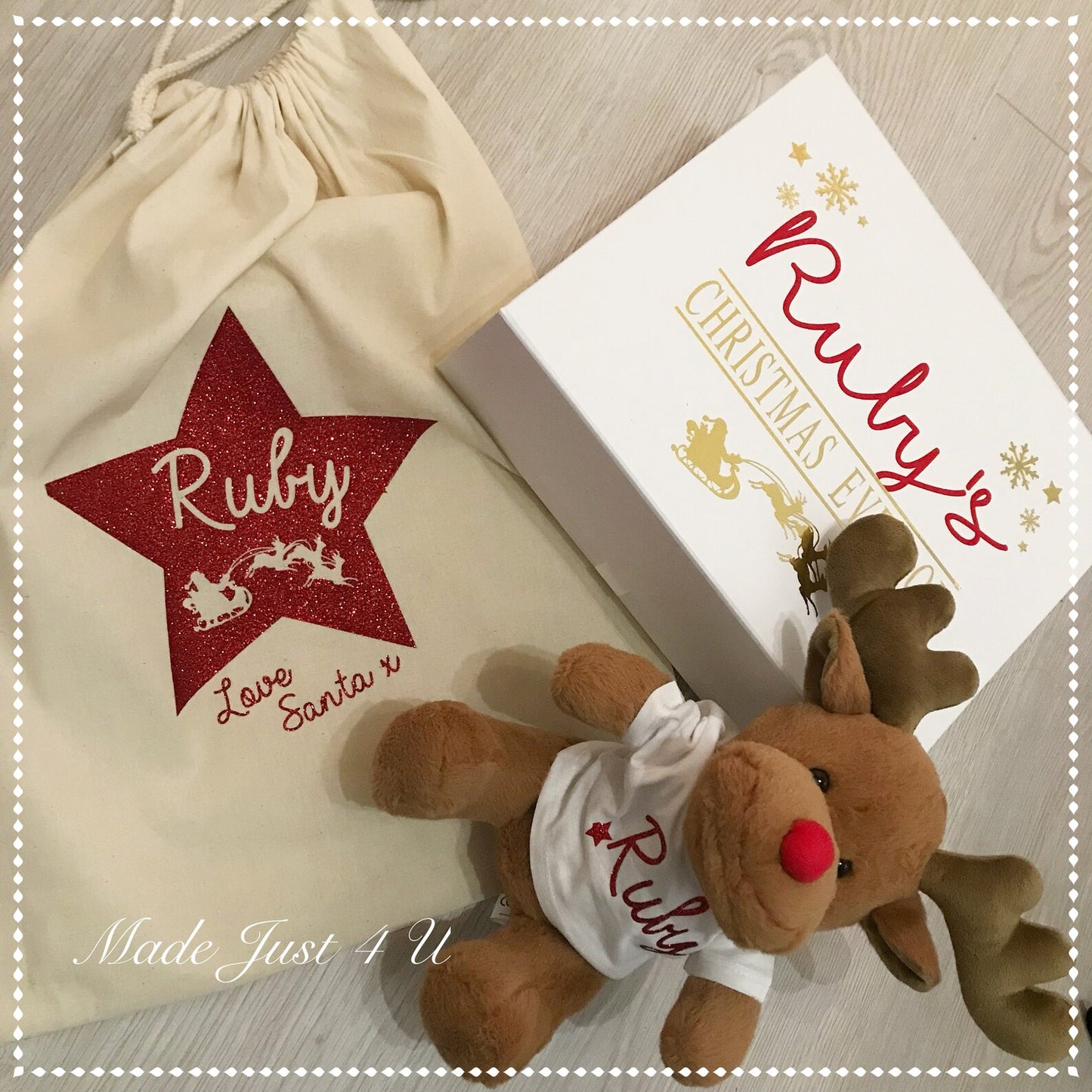 Personalised Christmas Reindeer Plush Teddy with gift set options