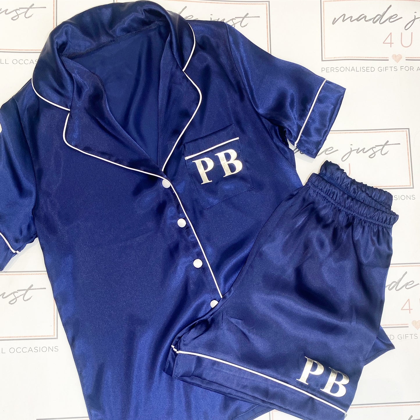 Satin Short Pyjamas with piping detail & Initials or Name